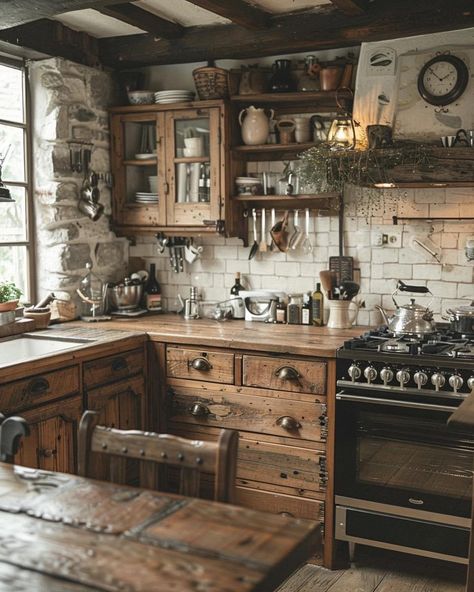 Cottagecore Home Design, Cabin Interiors Kitchen, Log Cabin Kitchen, Boho Kitchen Ideas, Fotografi Vintage, Cabin Interiors, Cabin Kitchens, Cozy Kitchen, Boho Kitchen