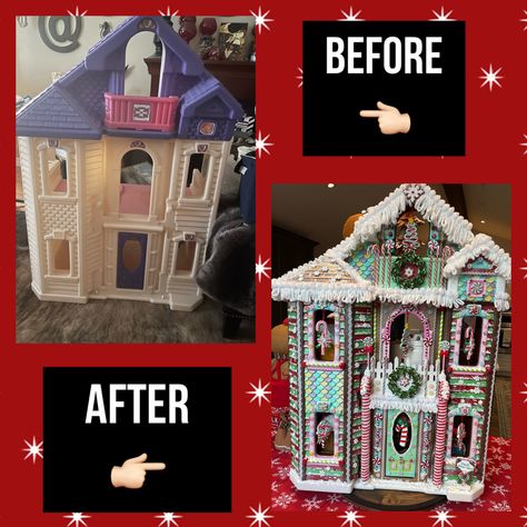 Diy Gingerbread House From Doll House, Gingerbread House From Doll House, Dollhouse To Gingerbread House, Dollhouse Gingerbread House Diy, Gingerbread Dollhouse Diy, Faux Gingerbread House Diy, Dollhouse Upcycle, Gingerbread Dollhouse, Fisher Price Doll House