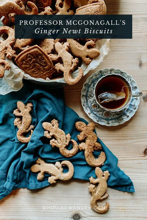 Professor McGonagall's Ginger Newt Biscuits are a classic ginger nut biscuit (or ginger snap cookie) with a crisp snap and a lightly sweet flavor. | whipandwander.com | #harrypotterrecipes #harrypotter #harrypotterparty #harrypottertreats #gingernewts #professormcgonagall #hogwarts #hogwartsfeast #harrypotterfood #recipesfromharrypotter #recipesfrombooks #literaryrecipes #gingernuts #gingersnaps #gingercookies Ginger Nut Biscuits, Ginger Snap Cookies Recipe, English Biscuits, Halloween Breakfast, Rock Cake, Ginger Biscuits, Harry Potter Food, Chocolate Frog, Ginger Nut