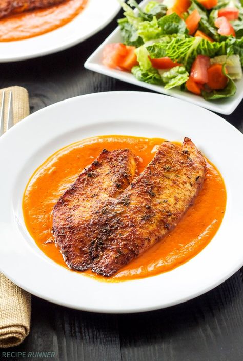 Parmesan Crusted Tilapia with Roasted Red Pepper Sauce Roasted Red Pepper Sauce For Fish, Roasted Red Pepper Sauce Recipe, Roasted Pepper Recipes, Broiled Tilapia, Keto Pescatarian, Recipe Runner, Parmesan Crusted Tilapia, Healthy Weekly Meal Plan, Meatloaf Dinner