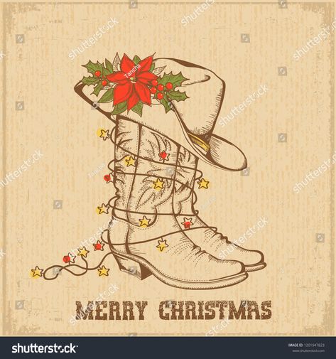 Western Christmas Painting Easy, Western Christmas Drawings, Western Christmas Painting, Christmas Cowboy Boots, Western Christmas Wallpaper, Cowboy Christmas Cards, Western Christmas Cards, Western Christmas Decor, Country Christmas Cards