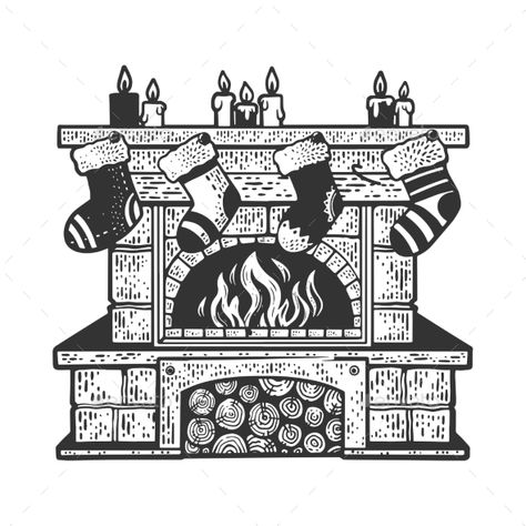 Fireplace Tattoo, Fireplace Sketch, Sketching 101, Fireplace Illustration, Advent Art, Fireplace Drawing, Xmas Fireplace, Christmas Sketch, Fireplace Stockings