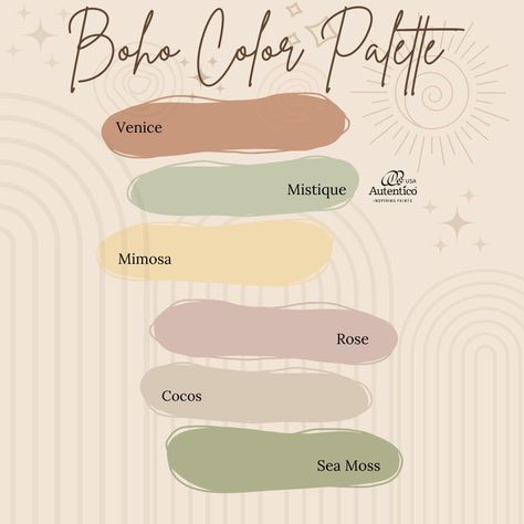 Boho Color Palette 🪴 - - - #painter #chalkpaintedit #furniture #makeover #painting #furnituremakeover #autentico #chalkpainting #autenticousa #autenticousapaint #paintcolorpalette #colorpalette #boho #bohohome #bohochic #bohostyle #bohovibes #bohodecor Color Pallete For House, House Interior Boho, Earthy Boho Color Palette, Boho Color Scheme, Boho Color Palette, Interior Boho, Boho Color, Color Pallete, Paint Color Palettes