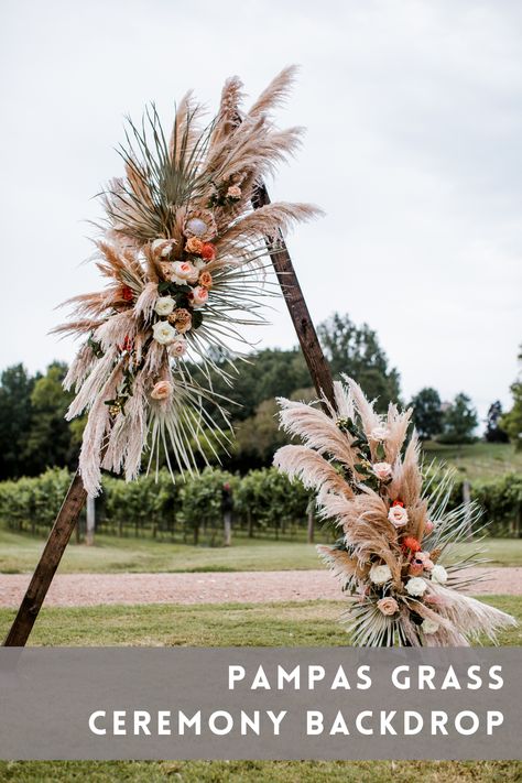 Pampas Grass Spring Wedding, How To Make A Pampas Grass Swag, Pampas Grass Wedding Arbor, Pampas Grass Arch Arrangement, Pampas Grass Ground Arch, Pampas Grass Floral Arrangements For Arch, Pampas Wedding Arch, Pampas Grass Triangle Arch, Pampas Grass Installation