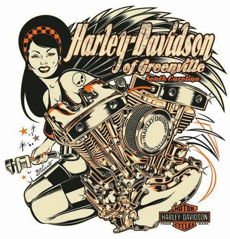 Greenville,SC Thunder City, Pin Up Pictures, Arte Pin Up, Pin Up Girl Tattoo, Rockabilly Art, Harley Davidson Artwork, Harley Davidson Wallpaper, Harley Davidson Art, Street Bike