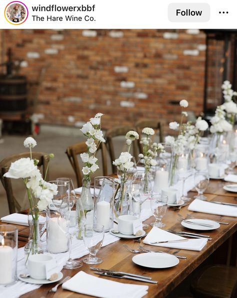 Candle Flower Table Decor, Minimalist White Centerpiece, Bridal Shower Simple Table Decor, Bare Wood Table Wedding, Wedding Table Hydrangea, Dainty Wedding Flowers Table, Minimalist Wedding Table Florals, Minimal Flower Table Setting, Candles And Bud Vases Long Table