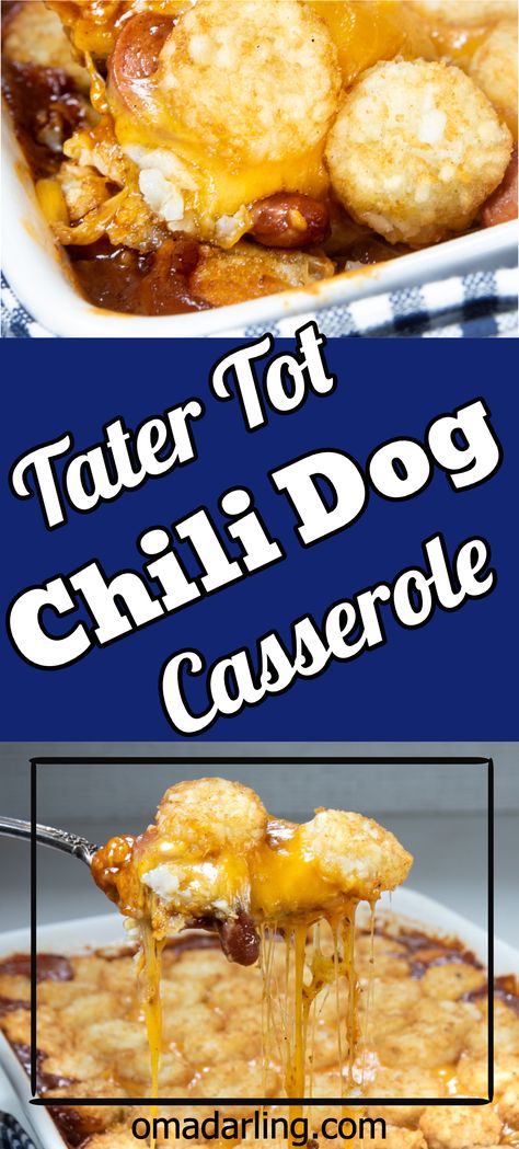 Tater Tot Chili Dog Casserole is everything you want comfort food to be. It’s a chili dog, without the mess and topped with extra cheese and crunchy tater tots. It's a winner every time. Enjoy!! #chili #tatertots #easymeals #concarne #chilidogs #meatandpotatoes Chili Dog Casserole, Chili Casserole, Tater Tot Recipes, Chili Dog, Sausage Dishes, Chili Dogs, Garlic Butter Chicken, Tater Tots, Pureed Food Recipes