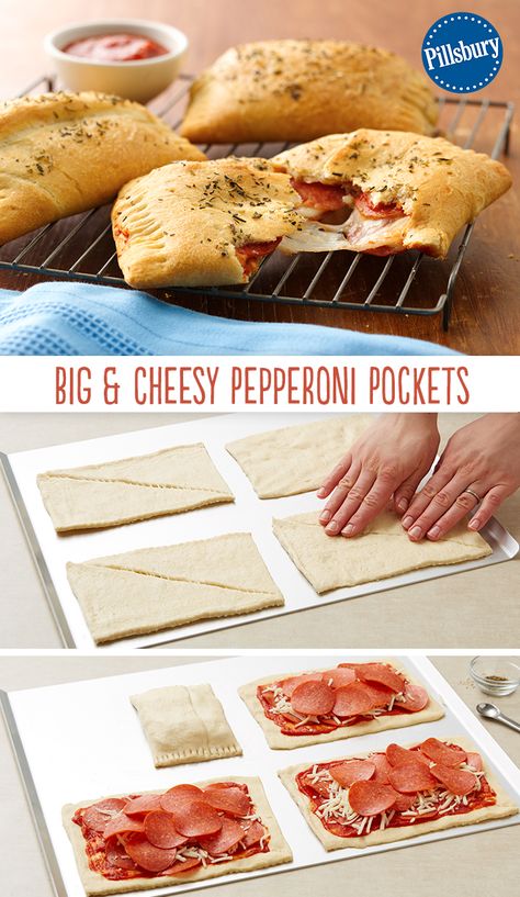 Pepperoni Pockets, Resep Sandwich, Pizza Pockets, Pillsbury Recipes, Crescent Roll Recipes, Läcker Mat, Crescent Rolls, Dinner Rolls, Deep Dish