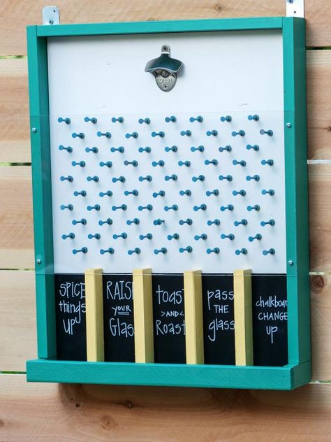 How to Make a Bottle Cap Plinko Game | HGTV Bottle Opener Ideas, Plinko Board, Diy Bottle Opener, Plinko Game, Bar Deco, Caps Game, Diy Outdoor Bar, Bottle Cap Opener, Bar Games