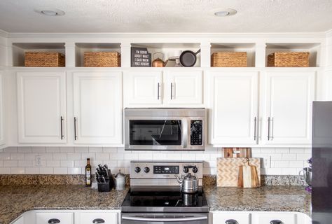 KITCHEN MAKEOVER PART 1 : FARMHOUSE TOUCHES AND CEILING HEIGHT CABINETS – With Love, Mercedes Shelves Above Cabinets, White Dove Cabinets, Kitchen Cabinets To Ceiling, Cabinets To Ceiling, Kitchen Vent, Above Cabinets, Vent Hood, White Dove, Built In Cabinets