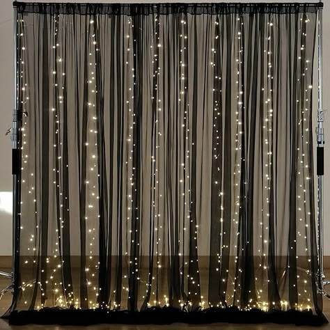 Amazon.com : 10×10ft Black Tulle Backdrop Curtain with Lights String for Parites, Sheer Curtain Backdrop Drapes for Wedding Party Home Decorations : Electronics Hoco Photo Backdrop Ideas, Sheer Curtain Backdrop, Curtain With Lights, Curtains With Lights, School Dance Decorations, Shooting Photo Studio, White Tulle Fabric, Drapes For Wedding, Black Sheer Curtains