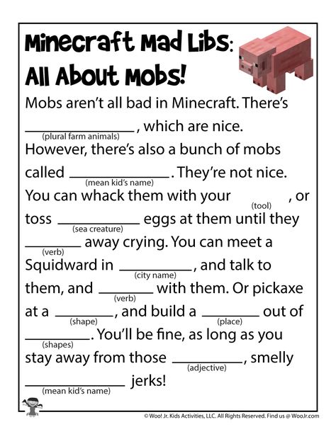 Minecraft Kids Mad Libs to Print | Woo! Jr. Kids Activities Minecraft Worksheets, Free Mad Libs, Mad Libs For Kids, Kids Mad Libs, Funny Mad Libs, Kids Questions, Literature Activities, Esl Teaching Resources, Fine Motor Activities For Kids