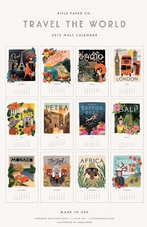 Dreaming of far away places with the 2015 Travel Poster Calendar, designed by Anna Bond for Rifle Paper Co. How To Draw Comics, Draw Comics, 달력 디자인, 강아지 그림, Printable Calendar Template, Comic Drawing, Travel Illustration, Travel Design, Calendar Design