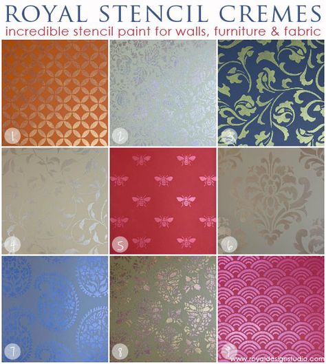 Our Metallic Royal Stencil Cremes- the IDEAL stencil paints- now come in 18 delicious colors. Can you guess what else comes in a wide range of delicious colors? Royal Design Studio Stencil, Stencils Tutorials, Home Decor Diy Crafts, Paint Stencils, Stencil Projects, Annie Sloan Paints, Paint Effects, Chalk Paint Furniture, Royal Design