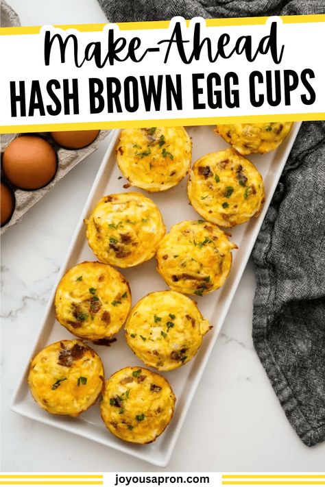 Delicious breakfast egg bites made in the muffin tin, loaded with bacon and cheese, with hashbrown as the crust. Perfect for a quick grab-and-go breakfast. Freeze well and great for meal prep. Hash Brown Muffins, Breakfast Egg Bites, Hash Brown Egg Cups, Bite Size Breakfast, Joyous Apron, Hash Brown Cups, Cheesy Bacon Potatoes, Bacon Egg Muffins, Portable Freezer