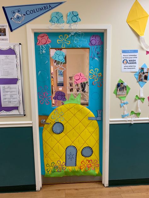 Spongebob Classroom Door, Underwater Door Decorations, Summer Door Themes For Classroom, Spongebob Door Decorations, Spongebob Themed Classroom, Spongebob Door Decs, Spongebob Classroom Theme, Summer Classroom Door Ideas, Spongebob Classroom