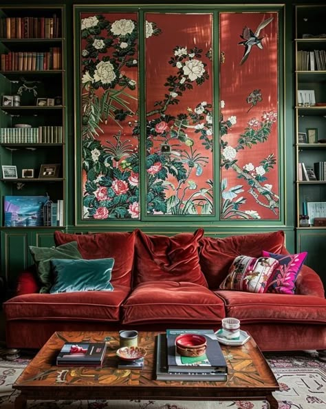 Red And Green Living Room Ideas, Opulent Living Room, Red Velvet Couch Living Room, Green And Red Living Room, Living Room Red Couch, Red Velvet Room, Red Sofa Decorating, Red Velvet Couch, Red Sofa Living