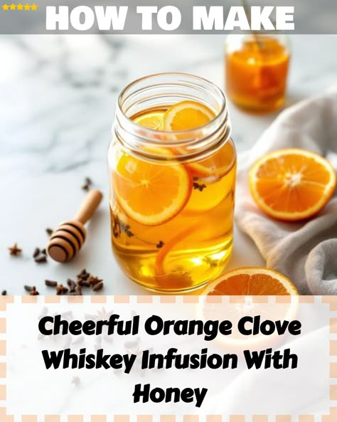 A delightful recipe for a Cheerful Orange Clove Whiskey Infusion with Honey, combining the warmth of whiskey with the sweet and aromatic flavors of orange, clove, and honey—a perfect homemade drink gift for the holiday season. Whiskey Infusion Recipe, Infused Honey Recipes, Honey Liqueur Recipe, Liquor Infusions, Whiskey Infusion, Infused Alcohol Recipes, Infused Whiskey, Herbal Diy, Infused Liquors