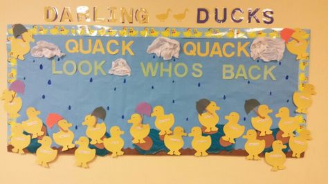 Quack Quack Look whos back! Duck bulletin board Duckling Bulletin Board, Rubber Duck Bulletin Board, Duck Theme Classroom Decor, Duck Classroom Decor, Duck Themed Classroom, Rubber Duck Classroom Theme, Duck Bulletin Board Ideas, Duck Bulletin Board, Toddler Bulletin Boards