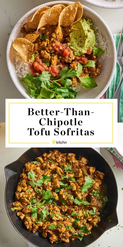 Better-Than-Chipotle Tofu Sofritas | Kitchn (2-4 servings)  When it comes to a meat-free topping for burrito bowls and taco salad, nothing packs as much flavor and spice as a big scoop of saucy sofritas. Here’s how to make an even better version of this vegetarian takeout favorite at home.  Nutrition Per serving, based on 4 servings.  Calories 152, Fat 10.3 g, Saturated 1.7 g, Carbs 7.9 g, Fiber 2.2 g, Sugars 3.6 g, Protein 9.9 g Mexican Tofu Recipes, Sofritas Tofu, Tofu Sofritas, Chipotle Sofritas, September Recipes, Vegan Burrito Bowl, Chipotle Tofu, Vegan Burritos, Vegan Burrito