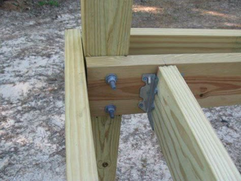 Bolts connect front and back frame and posts Deck On Uneven Ground, Elevated Deck, Deck Building Plans, Building A Floating Deck, Outdoor Living Deck, Deck Framing, Terrasse Design, Deck Layout, Floating Deck