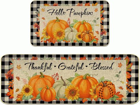 2 Pieces Hello Pumpkin Doormat Autumn Kitchen Rugs Thanksgiving Decorative Door Mats, Home Seasonal Fall Holiday Party Autumn Maple Leaves Harvest Thankful Grateful Blessed Low-Profile Floor Mats Pumpkin Kitchen, Christmas Kitchen Rugs, Autumn Kitchen, Fall Doormat, Anti Fatigue Kitchen Mats, Fall Kitchen Decor, Kitchen Rugs And Mats, Cozy Fall Decor, Thankful Grateful Blessed