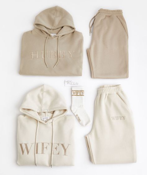 This bundle includes: Wifey Hoodie - Champagne Hubby Hoodie - Stone Wifey Statement Sweatpants - Champagne Hubby Statement Sweatpants - Stone Wifey Socks - Gold Personalised Mrs Hair Slide - Silver Happily Ever After Starts Here, Wedding Preparation Photos, Wifey Sweatshirt, Dream Wedding Decorations, Sweat Set, Future Wedding Plans, Neutral Wedding, Matching Couple Outfits, Cute Wedding Ideas