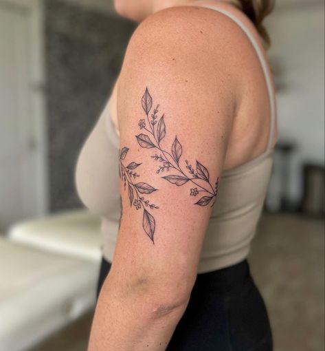 Wrap Around Tattoo Women Upper Arm, Women Floral Arm Tattoo, Fine Line Flower Half Sleeve, Botanical Upper Arm Tattoo, Floral Bicep Wrap Tattoo, Wrapping Leaves Tattoo, Tattoo Around Upper Arm, Women’s Upper Arm Sleeve Tattoo, Upper Arm Floral Wrap Tattoo