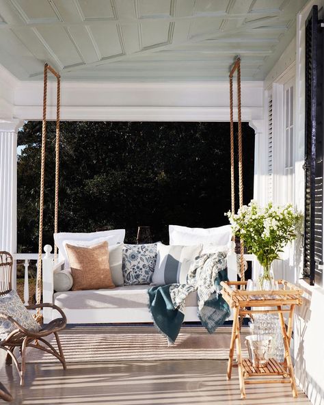 We’re craving warm afternoons spent relaxing on the porch. ☀️ So we’re refreshing our outdoor (and indoor) spaces for spring with pillows -… Hampton Bed, Boho Outdoor Decor, Home Exterior Decor, Manila Rope, Rustic Tables, Front Porch Swing, Porch Swing Bed, Swing Bed, Boho Patio