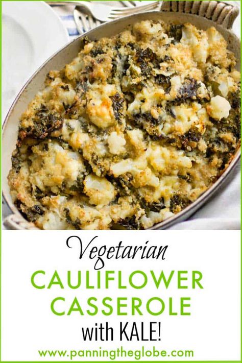 This Vegetarian Cauliflower Casserole recipe has cauliflower, kale, quinoa and sharp cheddar cheese. It satisfies like mac & cheese but it's way healthier! #CheesyCauliflower #CauliflowerCasserole #CheesyCauliflowerBake #VegetarianCasserole #HealthyRecipe Kale Casserole Recipes, Vegetarian Casserole Recipes, Cheesy Cauliflower Bake, Kale And Quinoa, Cauliflower Casserole Recipes, Healthy Casserole, Quinoa Kale, Kale Quinoa, Yummy Veggies