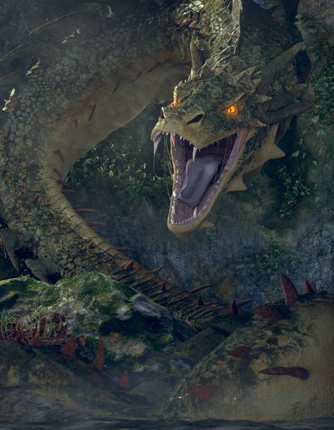 The Basilisk, Fabio Ceccarello on ArtStation at https://www.artstation.com/artwork/ezE8D Greek Mythical Creatures, 2024 Dragon, Big Snake, Types Of Dragons, 7th Dragon, Photoshop Rendering, Mythical Monsters, Dragon Year, Fantasy Creature