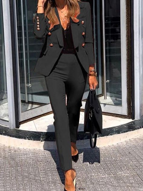 f337d999d9ad116a7b4f3d409fcc6480desc48956834ri Winter Office Wear, Formal Suits For Women, Solid Color Outfits, Work Blazer, Traje Casual, Blazer Set, Black Suit, Casual Suit, Casual Sets