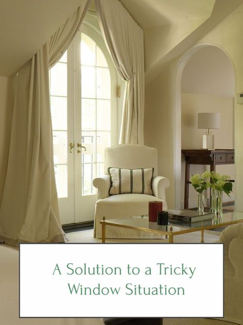 A Solution to a Tricky Window Situation  - Home Glow Design. Board mounted drapes. Matthew Patrick, Country Getaway, Farmhouse Window Treatments, Horse Country, Dream Master, Farmhouse Windows, Beautiful Dining Rooms, Traditional Bedroom, Traditional Living