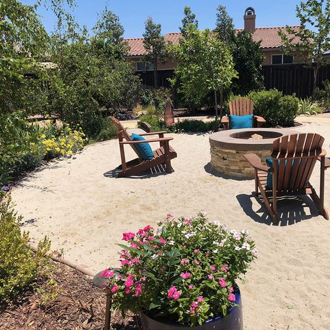 Sand Backyard Landscaping, Backyard Sand Area, Sand Backyard Ideas, Sand Fire Pit Area, Brick Backyard, Sand Backyard, Landscaping Sand, Recreational Pond, Kid Friendly Backyard