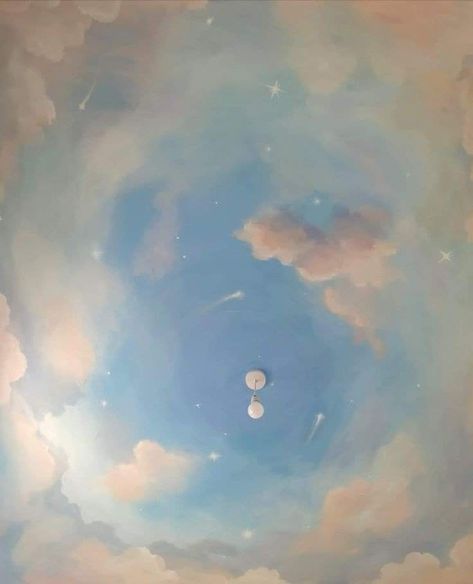 hand painted Sky Wall Painting Bedrooms, Nursery Sky Ceiling, Nursery Ceiling Mural, Painted Ceiling Ideas Murals, Field Party Series, Sky Ceiling Mural, Galaxy Ceiling, Field Party, Ceiling Mural