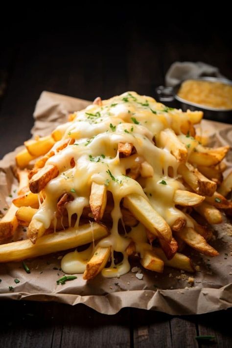 golden cheese fries generously topped with melted cheddar and mozzarella, garnished with fresh chives. Mozzarella Cheese Photography, French Fries With Toppings, Mozzarella Fries, Cheesy French Fries, Cheesy Fries Recipe, Cheese French Fries, French Fries With Cheese, Introvert Aesthetic, Cheese Fries Recipe