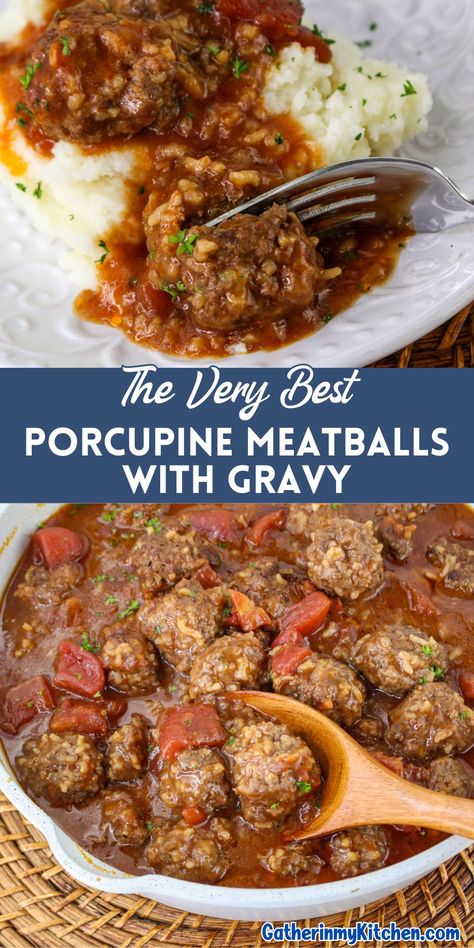 These savory Porcupine Meatballs are packed with flavor, with tender ground beef and rice simmered in a rich brown gravy. This simple skillet recipe is the perfect weeknight meal that will have everyone asking for seconds. Pair with mashed potatoes or rice for a satisfying dinner. Ground Beef Brown Gravy Mashed Potatoes, Ground Beef Meatballs And Gravy, Porcupine Meatballs Easy Oven, Rice Meatballs Recipes, Porkie Pine Meatballs Ground Beef, Ground Pork And Beef Recipes, Easy Ground Pork Recipes For Dinner, Porcupine Meatballs Crockpot, Recipes For Ground Pork