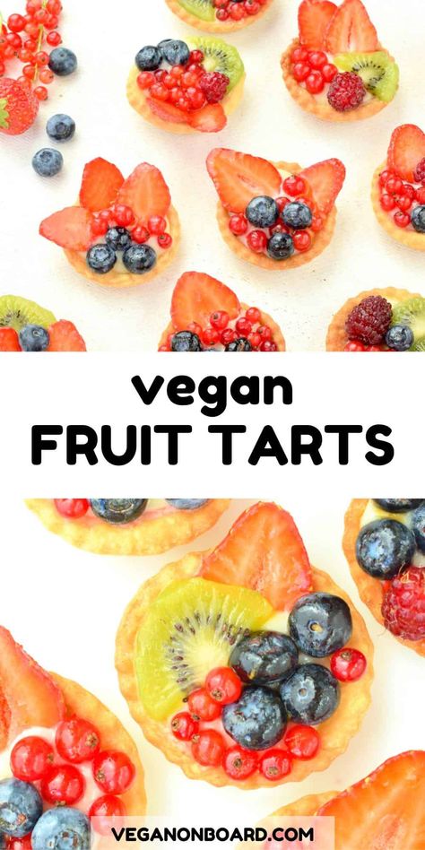 These gorgeous vegan fruit tarts are a real treat. Come and enjoy the beauty and indulgence of French patisserie fresh from your own kitchen! Top with your favorite seasonal fruits. French Tarts, Fruit Tart Filling, Mini Tart Recipes, Vegan Pastry, Mini Fruit Tarts, Vegan Tarts, French Tart, Vegetarian Sweets, Fruit Tart Recipe