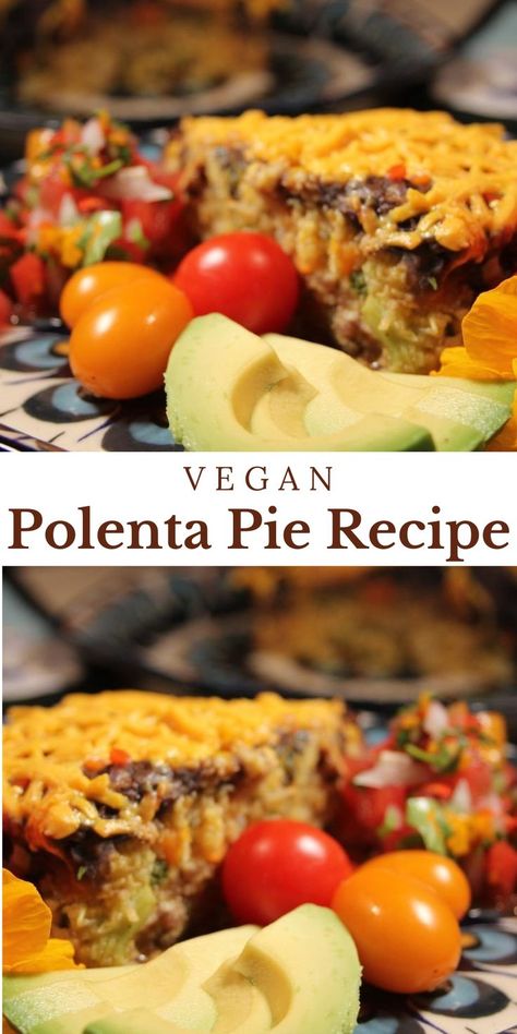 Vegan Polenta Pie Recipe. Packed with vegetables, this vegan polenta pie also has protein from black beans and vegan cheddar shreds! We packed it full of onions, garlic, carrots, broccoli, swiss chard... anything we had on hand. We added our favorite Latin American seasonings like chili powder and cumin and mixed it all together. Polenta Recipes Vegan, Polenta Pie, Polenta Casserole, Vegan Polenta, Garden Fresh Salsa, Refried Black Beans, Vegan Casserole, Polenta Recipes, Vegan Cheddar