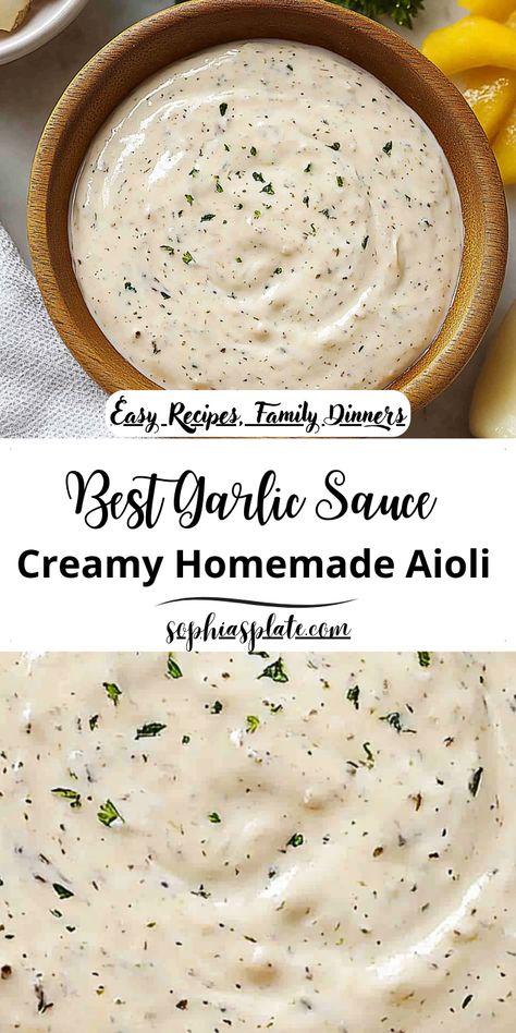 Make your own creamy garlic aioli in just minutes! A rich, flavorful sauce that pairs beautifully with burgers, veggies, and fries. Aoili Recipe Homemade, Homemade Garlic Aioli, Garlic Aoili, Aioli Sauce Recipe, Garlic Aioli Sauce, Homemade Aioli, Aioli Sauce, Onion Burger, Creamy Garlic Sauce