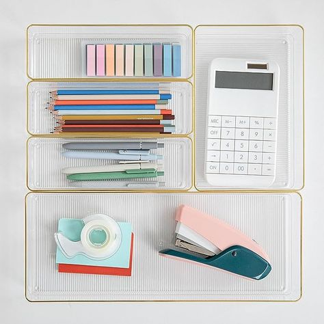 Amazon.com : Martha Stewart Kerry Plastic Stackable Office Desk Drawer Organizers, Set of 5, with Gold Trim : Office Products Stackable Organizers, Desk Drawer Organisation, Desk Drawer Organizers, Office Desk Drawer, Desk Drawer Organizer, Modular Desk, Organized Desk Drawers, Desk Tray, Desk Drawer