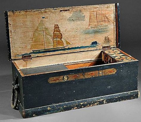 Sea Chest - 1870's Folk Art Whale, Trunk Boxes, Maritime Art, Antique Trunk, Trunks And Chests, Painted Chest, Primitive Antiques, Blanket Chest, Antique Boxes