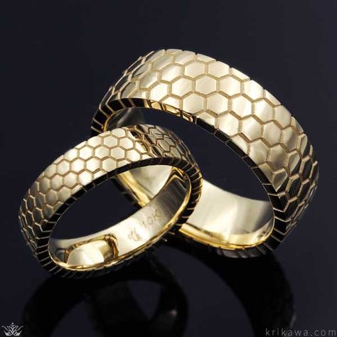 Drawing inspiration from the structures built by honey bees, this wedding band features hexagonal shapes that wrap the entire band and create an interesting, scientific pattern design. Hexagon Wedding Band, Bee Rings, Honeycomb Wedding, Gents Rings, Gilded Furniture, Honeycomb Ring, Hexagon Wedding, Gold Bangles For Women, Engagement Rings Couple