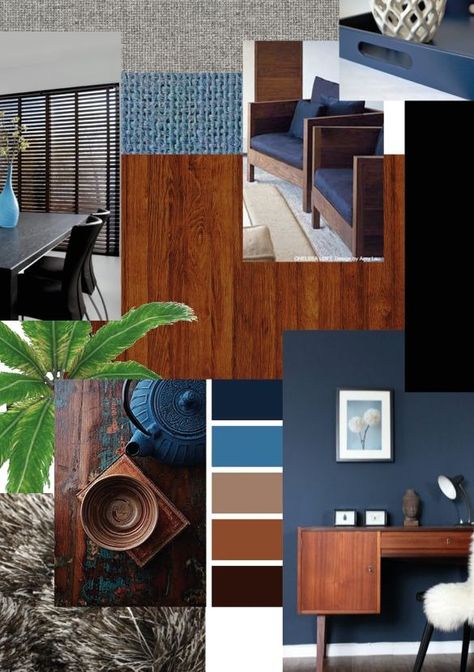 Blue Interior Design Palette, Navy And Walnut Living Room, Blue Interior Moodboard, Comfy Waiting Room, Blue Brown Interior, Interior Design Palette, Brown And Blue Living Room, House Interior Ideas, House Color Palettes