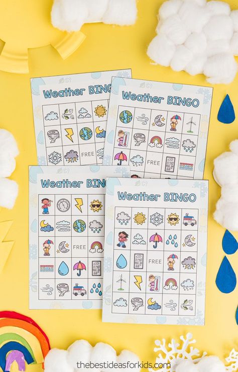 weather bingo printables Weather Activities Elementary School, Bingo Free Printable, Weather Games For Kids, Weather Activities Preschool Printables, Weather Bingo Free Printable, Weather Math Activities Preschool Free, Weather Themed Math Activities For Preschool, Esl Weather Activities, Weather Kindergarten