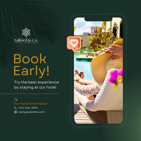 Green Minimalist Hotel & Resort Book Early Instagram Post Canva Template #instagram #socialmedia #ig #story #canva #template #post #social #media #hotel #resort Hotel Instagram Post, Hotel Room Social Media Post, Hotel Social Media Design, Resort Social Media Post, Hotel Graphic Design Social Media, Hotel Social Media Post, Resort Social Media Post Design, Hotels Social Media Posts, Hotel And Resort Creative Ads