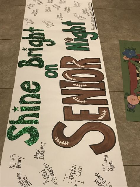 Senior Night Student Section, Football Theme Ideas For Games, Run Through Signs Football Hoco, Shine Bright On Senior Night Poster, Homecoming Student Section Signs, Senior Football Signs, Football Locker Signs High School, Football Runout Signs, Flag Football Poster Ideas