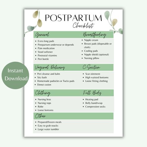 Use this checklist to put together everything you will need post delivery before you go into labor. Postpartum should be filled with baby snuggles and much needed downtime for your body to heal post delivery. Be prepared so that you can enjoy the time with your newest addition. PLEASE NOTE: This is a digital download - no physical product will be shipped. Instantly download your template and edit in Canva. You are free to customize the template to your liking by changing the font, font color, wo New Mom Planner, Postpartum Checklist, Baby Snuggles, Pregnancy Planner, Checklist Printable, Mom Planner, Post Partum, Checklist Template, Postpartum Recovery