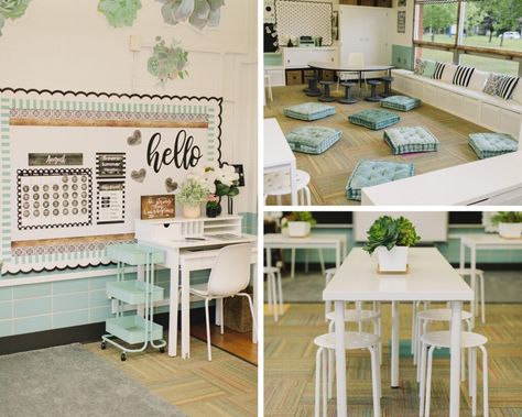 Simply Stylish {Meghan’s Classroom Makeover} Nature Inspired Classroom, Neutral Kitchen Colors, Cozy Classroom, Polka Dot Classroom, Calm Classroom, Tuition Centre, Diy Classroom Decorations, Classroom Makeover, Green School