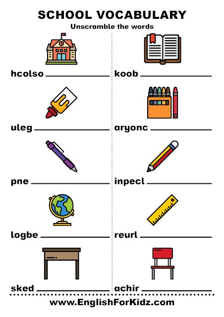 Unscramble words worksheets, school vocabulary free PDF Vocabulary Words Grade 1, Unscramble Words Worksheets, School Vocabulary English, Kindergarten Vocabulary Worksheet, Grade 1 Vocabulary Worksheet, Elementary Vocabulary List, Unscramble Words, Vocabulary Quiz, School Suplies